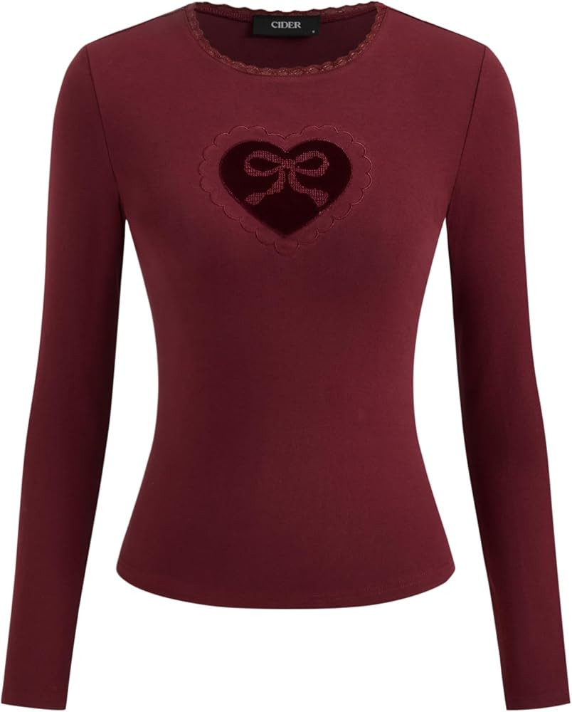 CIDER Womens Cute Lace Going Out Top Heart Applique Long Sleeve Trim Slim Fit Tee 2025 Fall | Amazon (US)