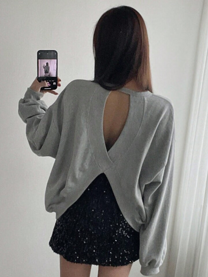 DAZY Women's Solid Color Round Neck Back Hollow Out Drop Shoulder Sweatshirt | SHEIN