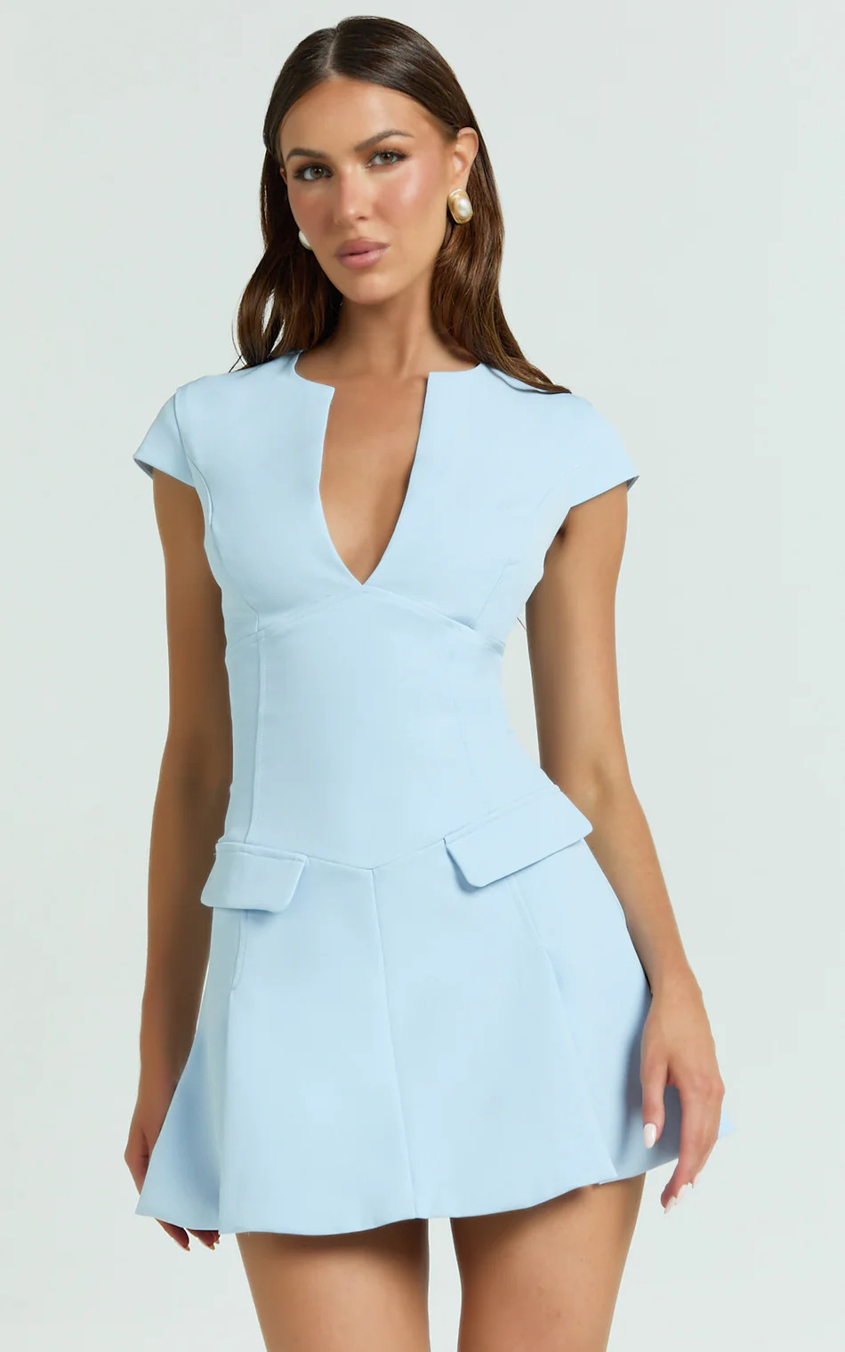 Cap Sleeve Slit Neck Fit And Flare Dress in Powder Blue | Showpo (US, UK & Europe)