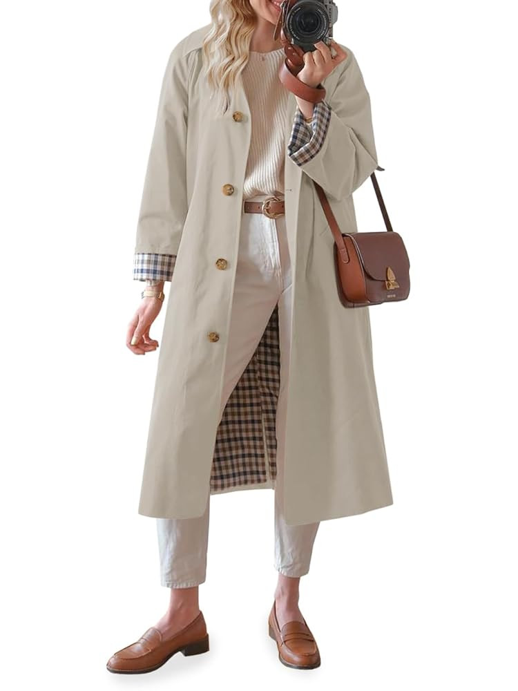 Tankaneo Womens Long Trench Coat Single Breasted Oversized Windproof Overcoat Fashion Outerwear | Amazon (US)