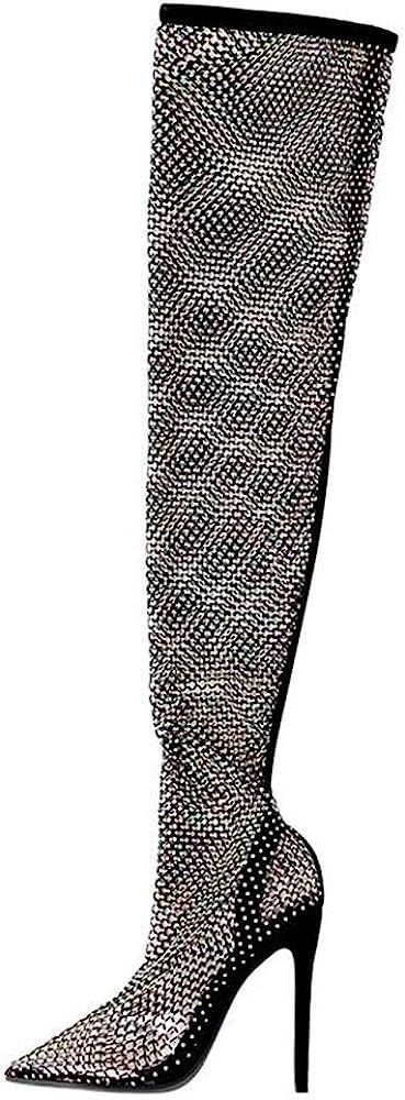 keleimusi Sexy Black Fishnet Sock Stiletto Boots for Womens Ladies Crystal Thigh High Heeled Stockin | Amazon (US)