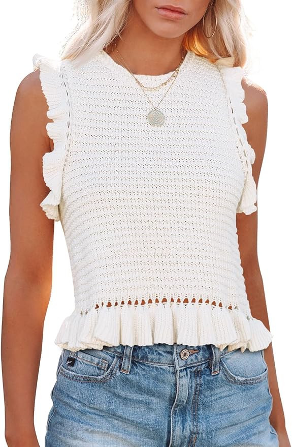 PiePieBuy Women's Summer Knit Tank Tops Crew Neck Sleeveless Cami Shirts Tees Ruffle Sweater Vest | Amazon (US)