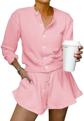 Tankaneo Womens 2 Piece Outfits Sweatsuit Button Down Tops and Shorts Casual Matching Lounge Set ... | Amazon (US)