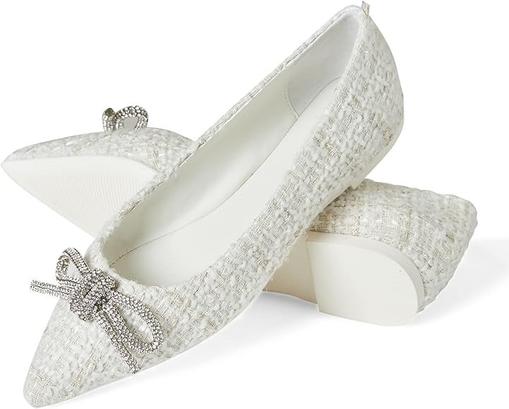 Goiphrri Women's Rhinestone Bowknot Flats Comfort Pointed Toe Ballet Slip on Flat Shoes Low Heel ... | Amazon (US)