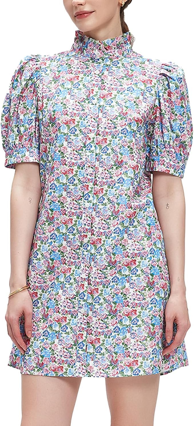 D-Sun Women's Fall Floral Mini Dress Short Sleeve Button Down Casual Boho Beach Shirt Mini Dress | Amazon (US)