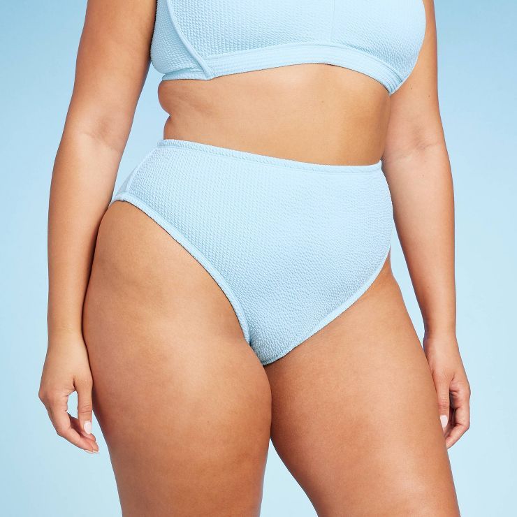 Women's Pucker Textured Mid Waist High Leg Cheeky Bikini Bottom - Wild Fable™ Light Blue | Target