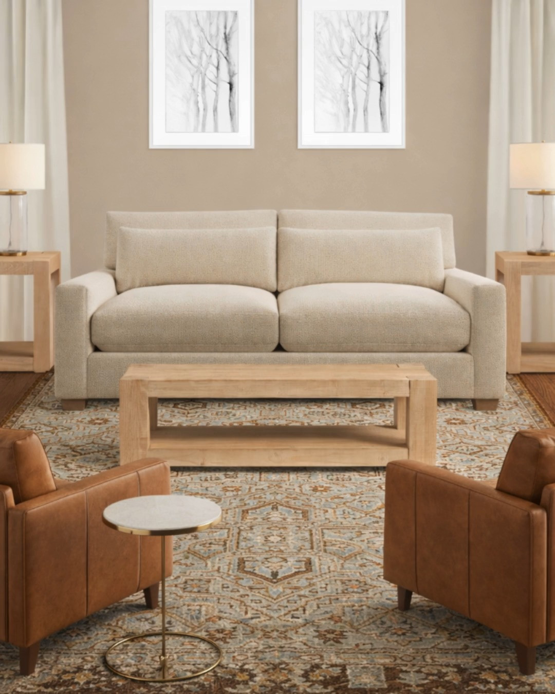 This neutral living room design looks super luxurious and calm. The creamy beige sofa, cognac leather chairs, and natural wood tables work together perfectly. The rug and wall art make the whole space feel modern and put-together.

Neutral home decor doesn't have to be boring. It's classy, works great for everyday living, and looks amazing. Save this living room idea and get inspired to style your own space.

#neutrallivingroom, #beigehomedecor, #modernsofastyle, #livingroominspo, #interiordesignfinds

neutral home decor, beige living room, modern sofa design, luxury interior design, living room inspiration, minimalist home decor, contemporary furniture styling, warm neutral aesthetic 

 #LTKHome #LTKSaleAlert #LTKFindsUnder100