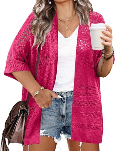 IN'VOLAND Plus Size Short Sleeve Cardigans for Women Hot Pink Oversized Summer Crochet Pink Lightweight Open Front Boho Sweaters | Amazon (US)