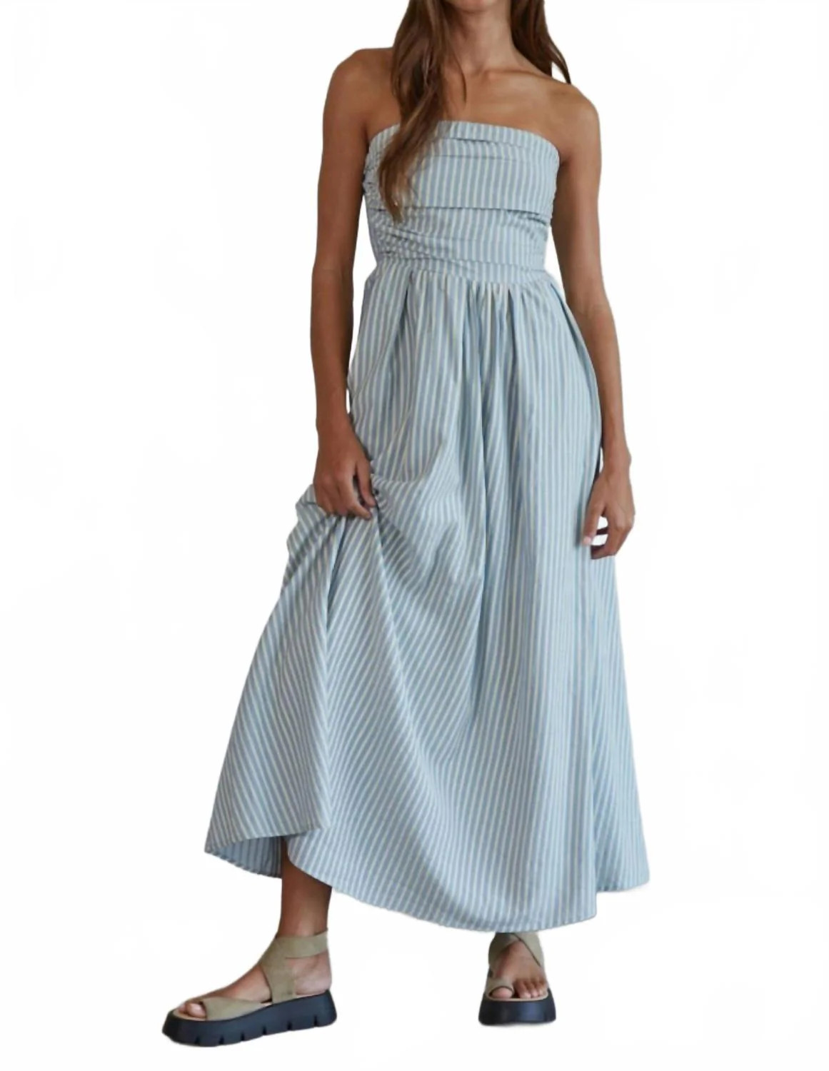 Stripe Strapless Dress In Dusty Blue | Shop Simon