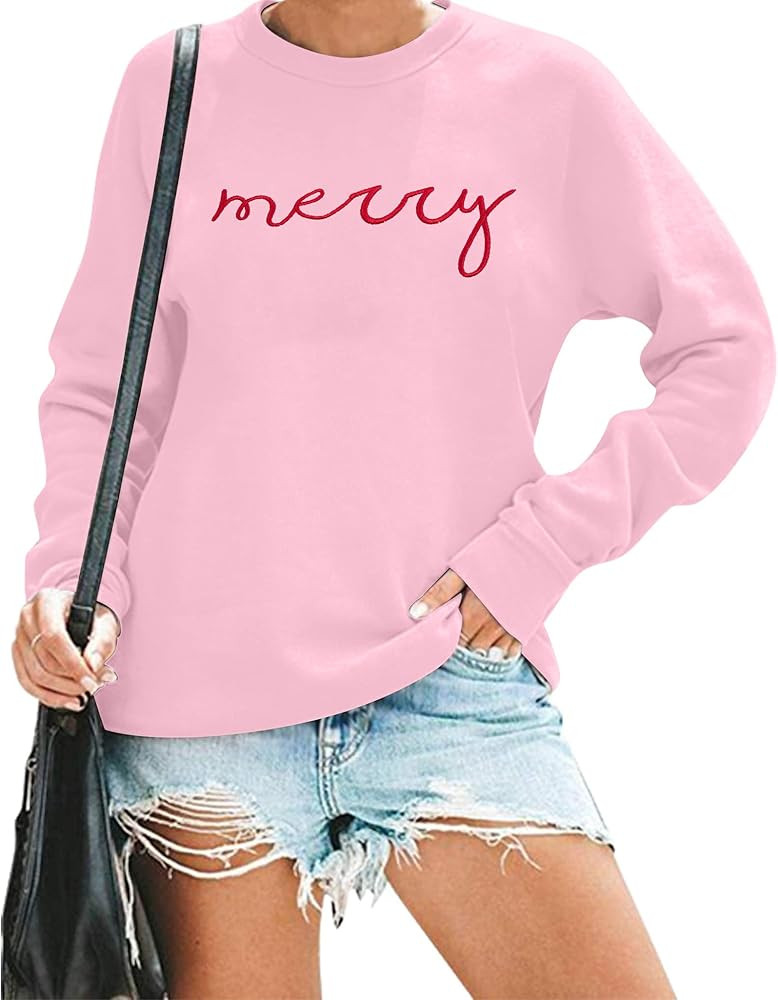 FASHGL Merry Sweatshirt Women Christmas Glitter Patch Merry Shirt Merry Letter Print Long Sleeve ... | Amazon (US)