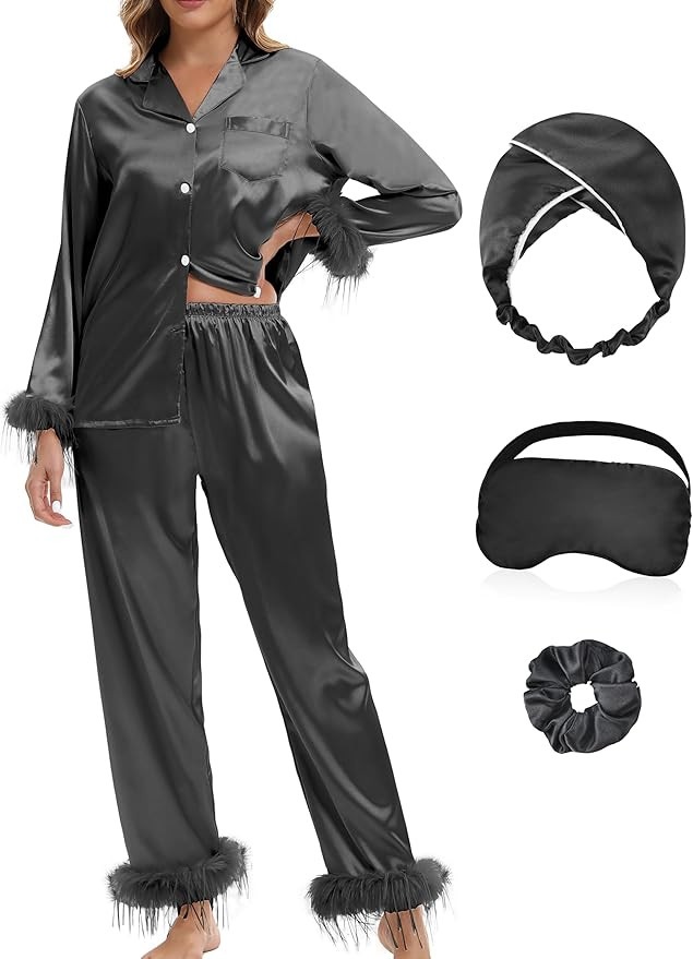 MORFORU Satin Pajama Set for Women Feather Trim Long Sleeve Pjs with Sleep Mask Headband Scrunchi... | Amazon (US)