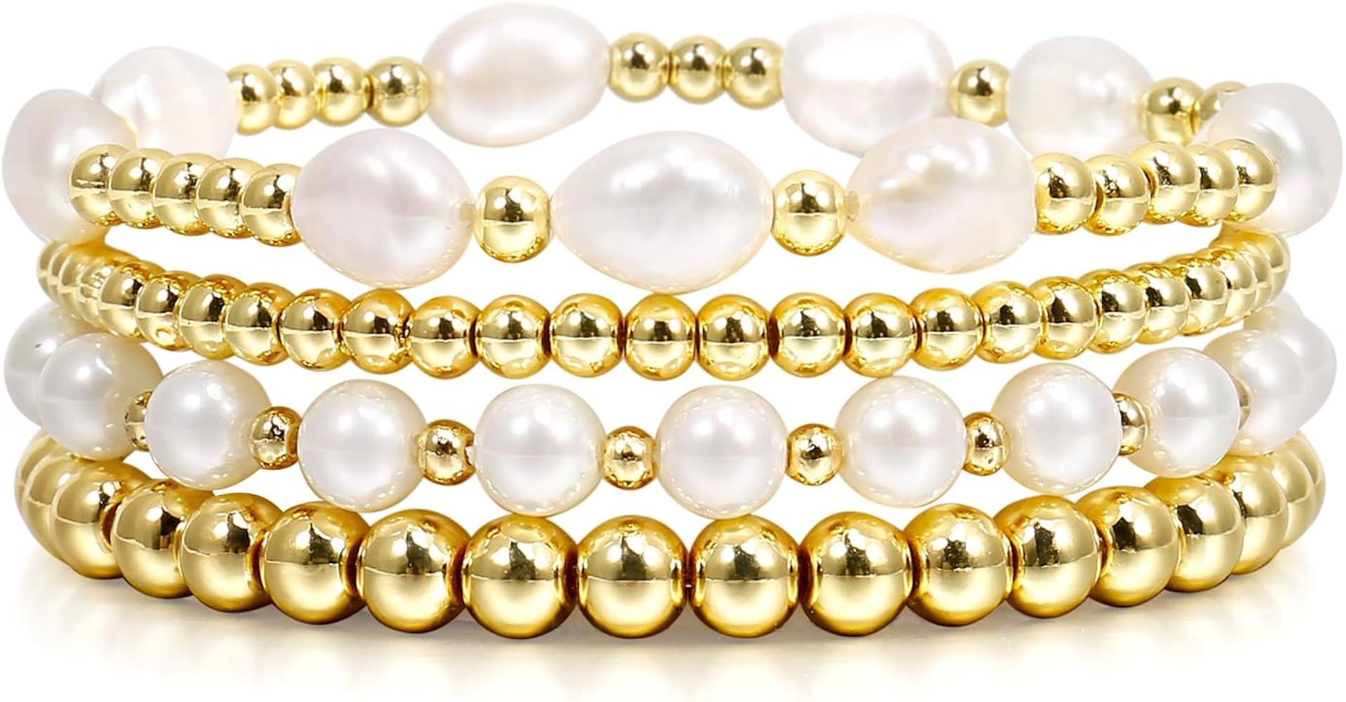 Gold Beaded Bracelets for Women Baroque Pearl Stackable14K Gold Plated Stretch Bead Ball Bracelet... | Amazon (US)