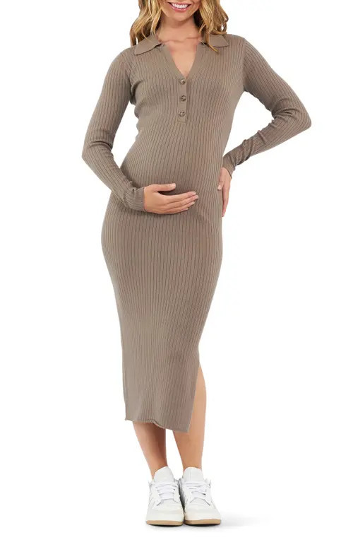 Ripe Maternity Sammy Rib Long Sleeve Maternity/Nursing Polo Dress in Mocha at Nordstrom, Size Large | Nordstrom