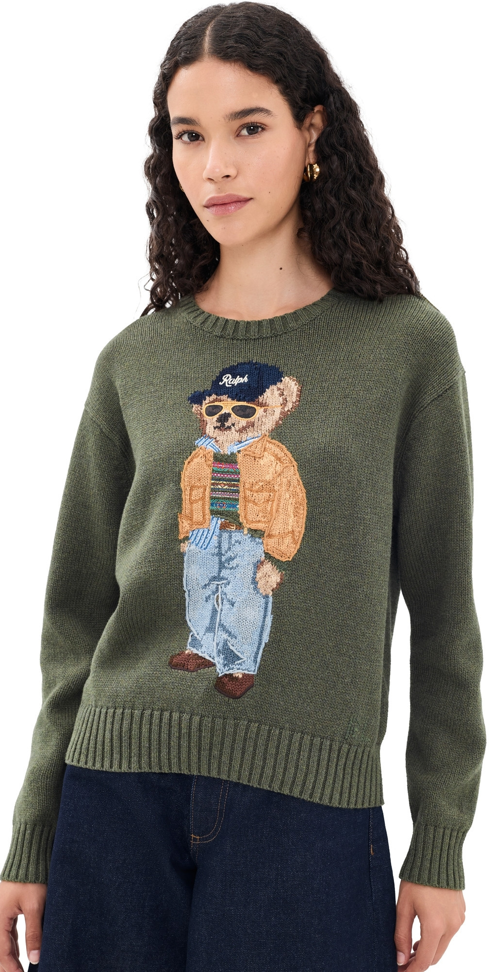 Polo Ralph Lauren Cotton Bear Long Sleeve Crew Neck Pullover Marled Olive L | Shopbop
