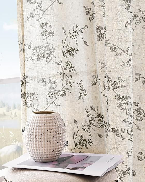 jinchan Black Floral Linen Curtains 84 Inch Farmhouse Back Tab 2 Panels | Amazon (US)