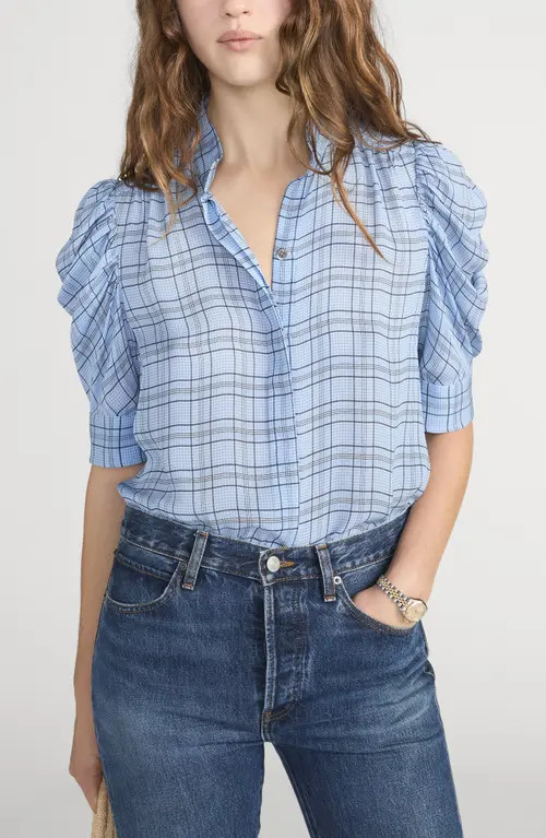 FRAME Gillian Plaid Silk Button-Up Shirt in Sky Blue Multi at Nordstrom, Size X-Small | Nordstrom