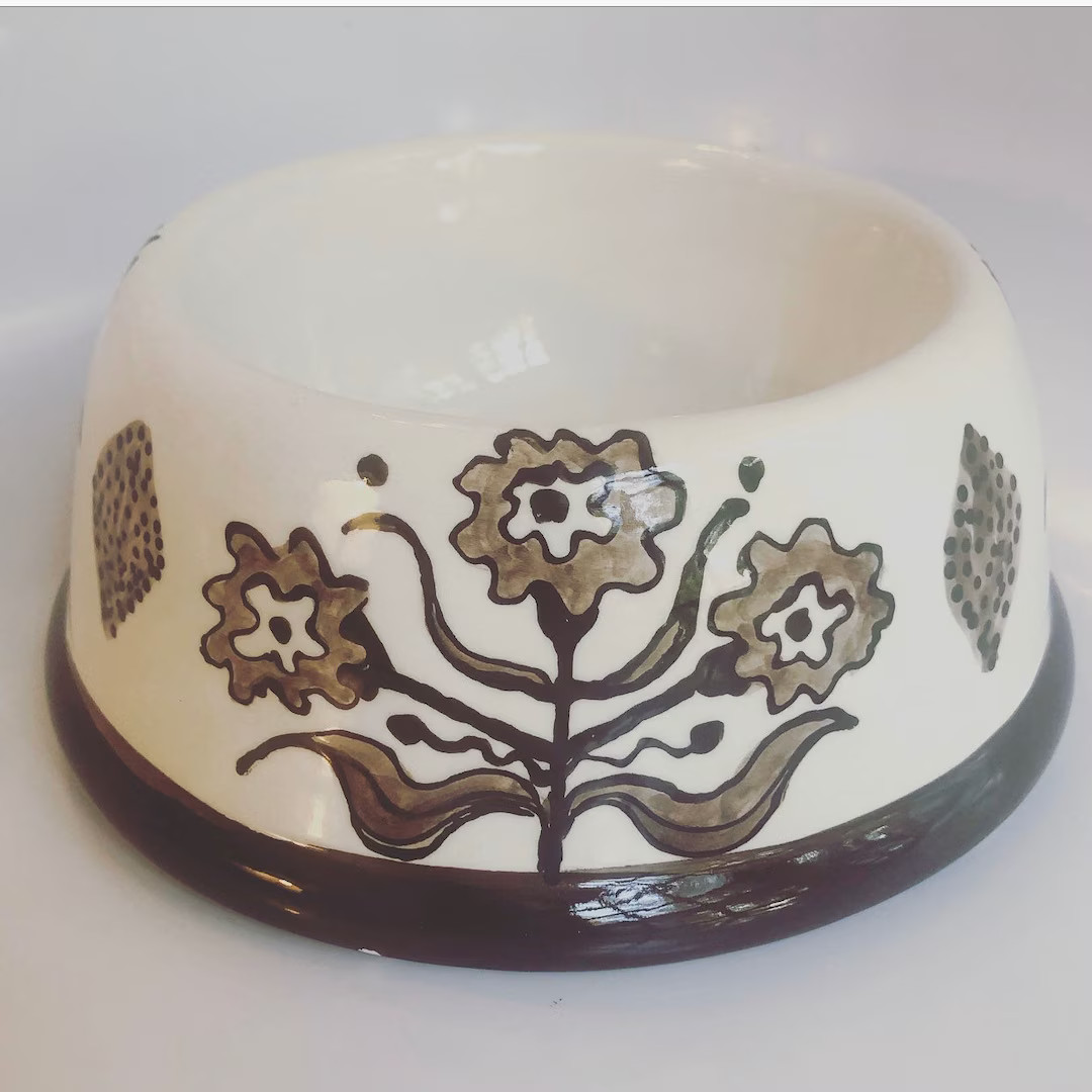 Hand Painted Marigold Design Dog Bowl - Medium Brown ***for personalization you must purchase sep... | Etsy (US)