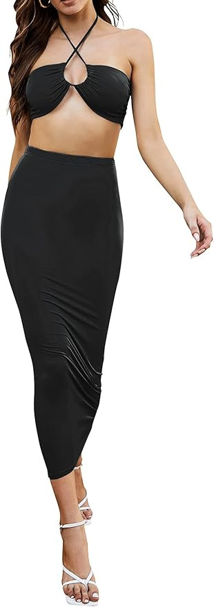 LYANER Women's Sexy 2 Piece Maxi Dress Set Criss Cross Halter Crop Top and Pencil Skirt Outfits | Amazon (UK)
