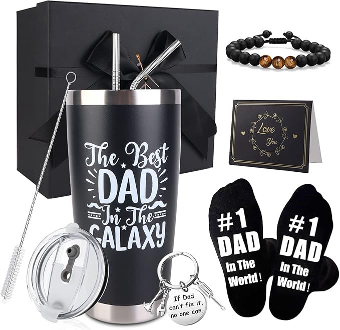 Dad Gifts, 8PCS Fathers Day Gift Includes 20oz Tumbler with Lid Straw Brush Socks Bracelet Key Ch... | Amazon (US)