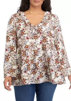 Oak & Trellis  Plus Size Flare Sleeve Floral V-Neck Top | Belk