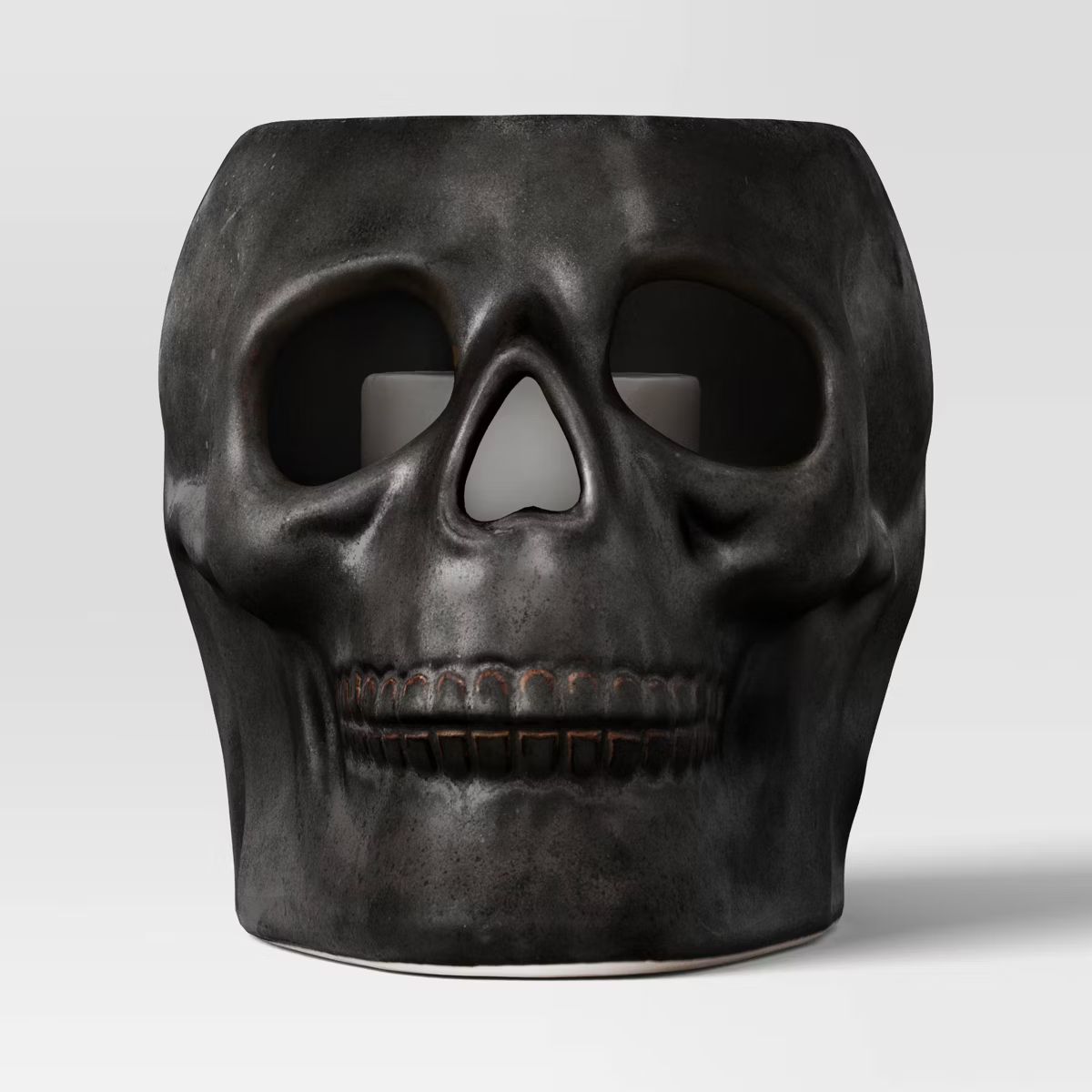 6.12"x8.25" Large Patina Pillar Ceramic Skull Candle Holder Black - Threshold™ | Target