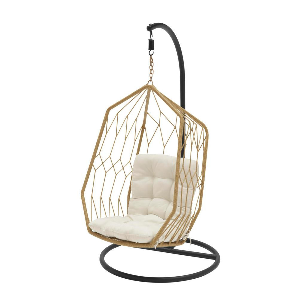 Hampton Bay Tan Wicker Diamond Shaped Outdoor Patio Egg Lounge Chair Swing with Chalk White Cushi... | The Home Depot