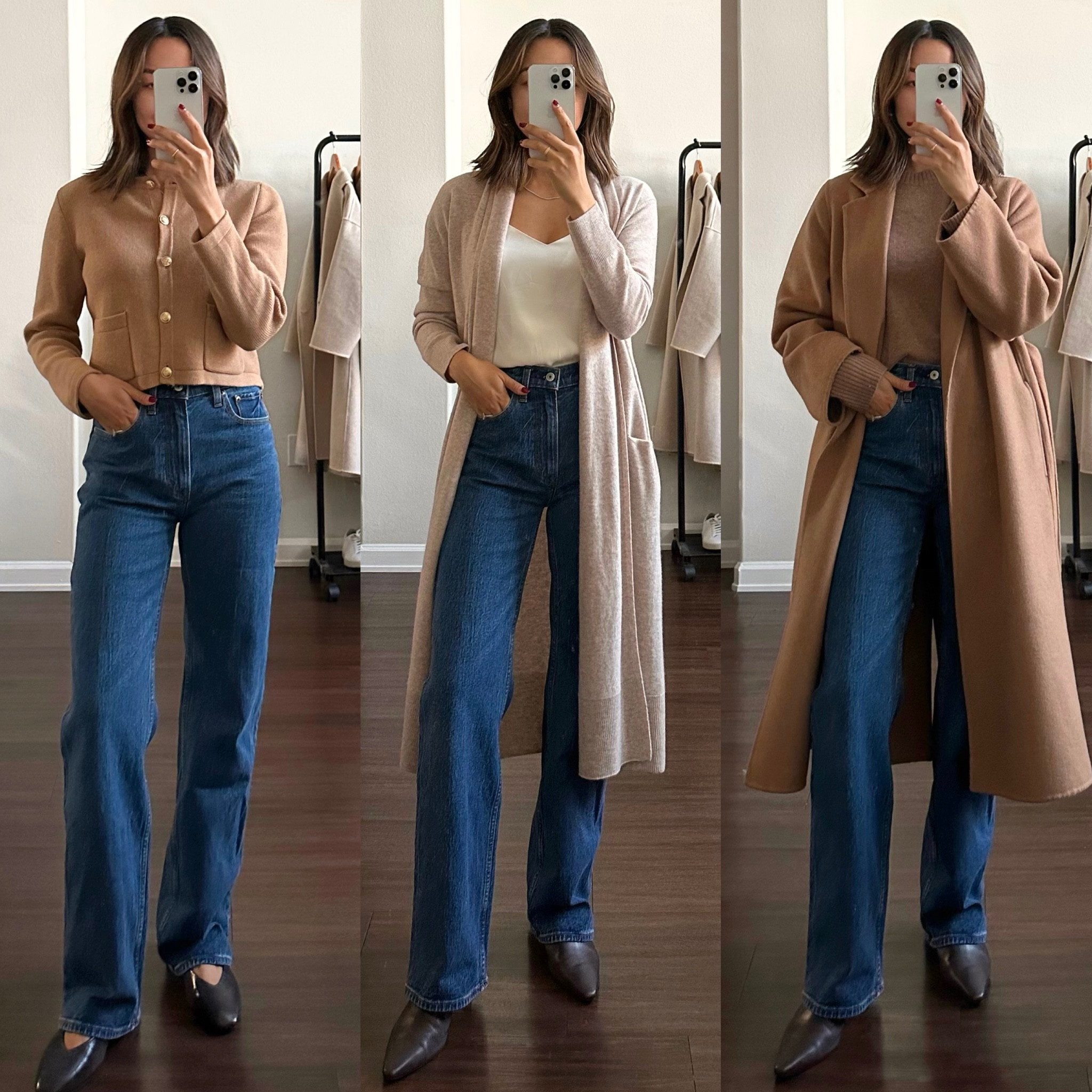 Styling wide leg jeans for the office // smart casual fall/winter outfits 

• Abercrombie relaxed jean tts in this wash! I found the gray wash to run big, also recommend the Madewell PV wide leg as a similar option with different inseams 
•jcrew sweater cardigan xs preorder linked similar 
•Nordstrom cashmere cardigan xs beautiful quality & very cozy 
•Quince silk cami xs 
•Mango camel coat xs 
•Everlane cashmere sweater xs 
•Jcrew booties - my fave option for a classic dressy boot for the office
•Birdies ballet flat runs half size small 

Work outfits/ office outfits/ classic fall/winter outfit ideas 

#LTKstyletip #LTKsalealert #LTKworkwear