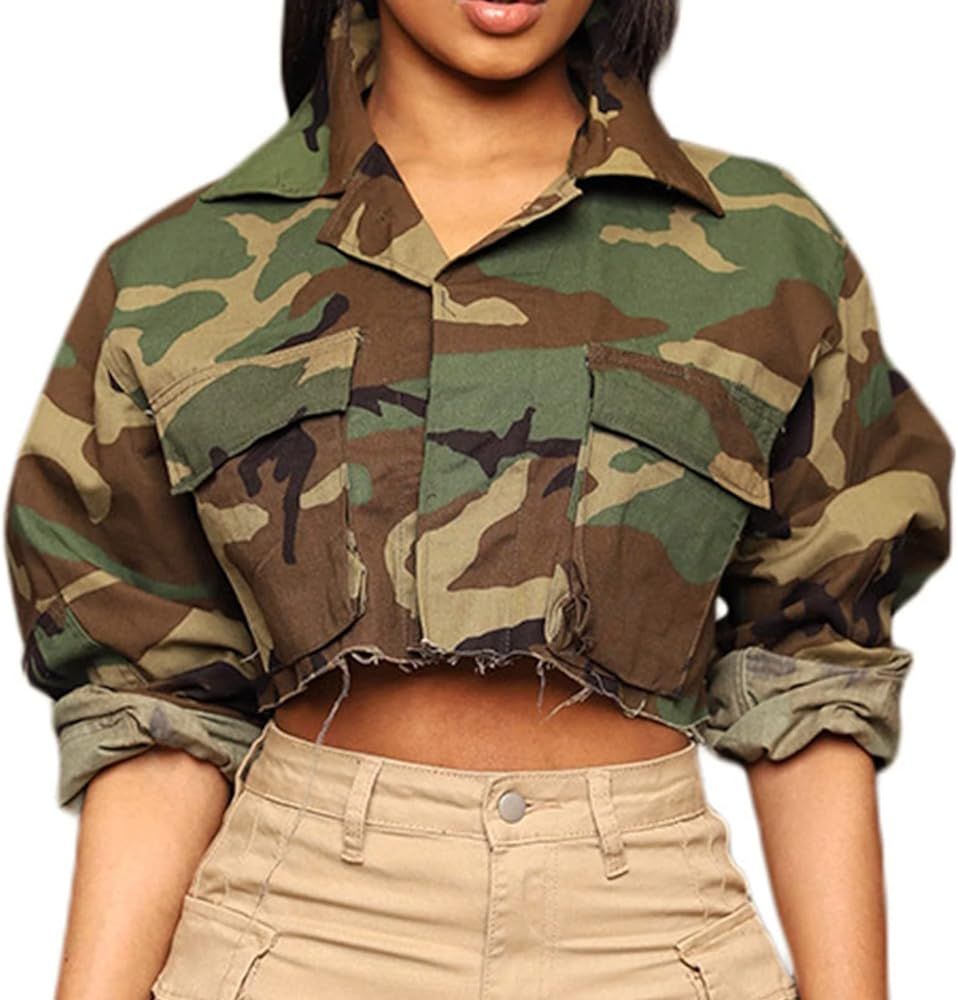 Voghtic Camo Coat for Women Lapel Neck Button Down Camouflage Cropped Jackets Tops with Multi Car... | Amazon (US)