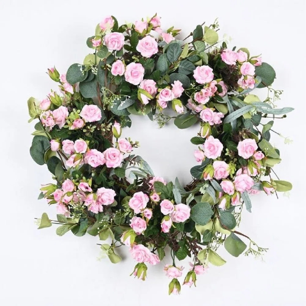22" Artificial Farmhouse Spring Summer Blossoms Cluster Foliage Rose Floral Wreath For Front Door | Wayfair North America