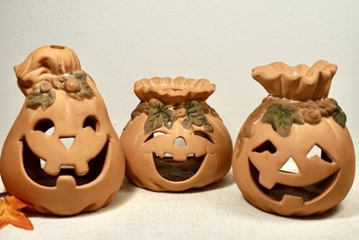 Vintage Terracotta Jack-O-Lanterns Halloween Pumpkins Candle Holder, Set of 3  | eBay | eBay US