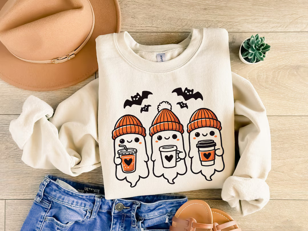 Cute Ghosts Halloween Girly Sweatshirt, Cute Ghosts With Coffee Halloween Sweater, Boojee Girl Ha... | Etsy (US)