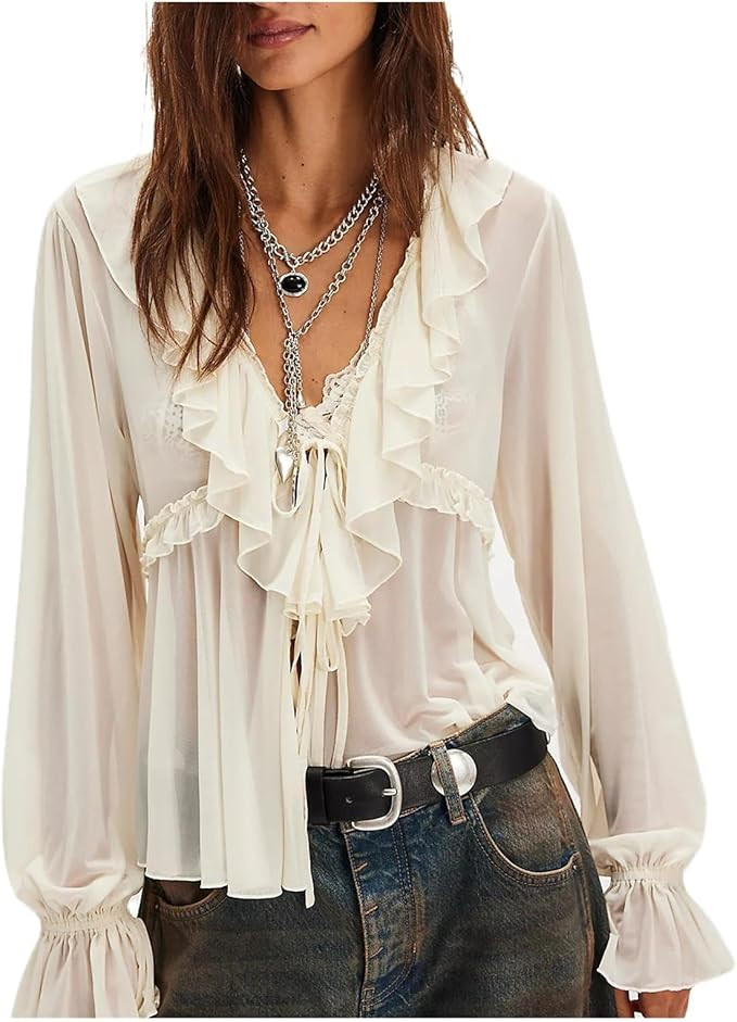 Women Sheer Loose Top Y2k V Neck Solid Color Poncho Tops Fairy Grunge Bat Sleeve Mesh Oversized P... | Amazon (US)