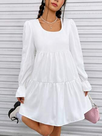 SHEIN Qutie Flare Sleeve Ruffle Hem Smock Dress | SHEIN