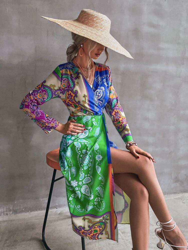 Paisley Scarf Print Surplice Neck Knot Side Dress | SHEIN