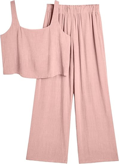 AUTOMET 2 Piece Summer Outfits for Women Casual Lounge Matching Sets Linen Crop Top Long Pants 20... | Amazon (US)