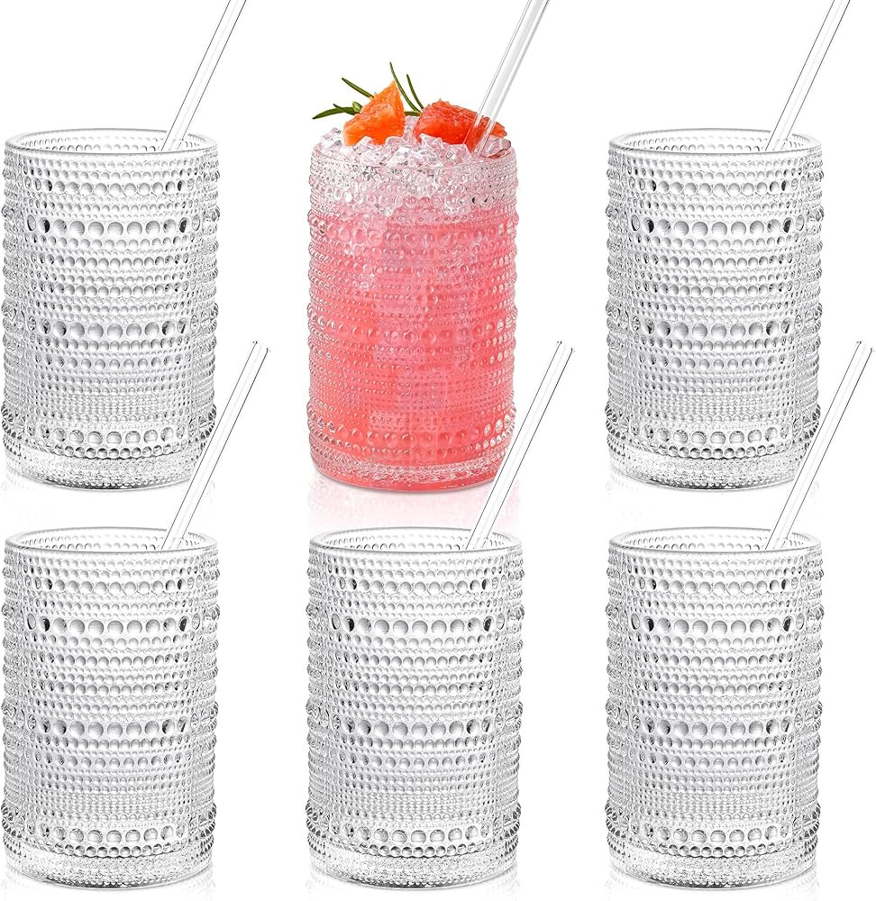 Hobnail Drinking Glasses Set of 6 (15oz) with Straws | Vintage Embossed | For Cocktail & Juice | ... | Amazon (US)