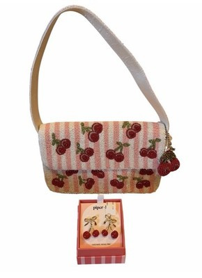 Beaded Cherry Striped Shoulder Bag w/ Charm & Cherry Earrings | eBay | eBay US