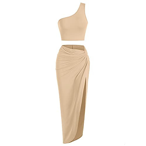ZAFUL Women's One Shoulder Two Piece Tank Dress Rib-Knit Twist Split Side Slinky Solid Crop Top and Draped Ruched Maxi Skirt Set (M-Coffee, XL) | Amazon (US)
