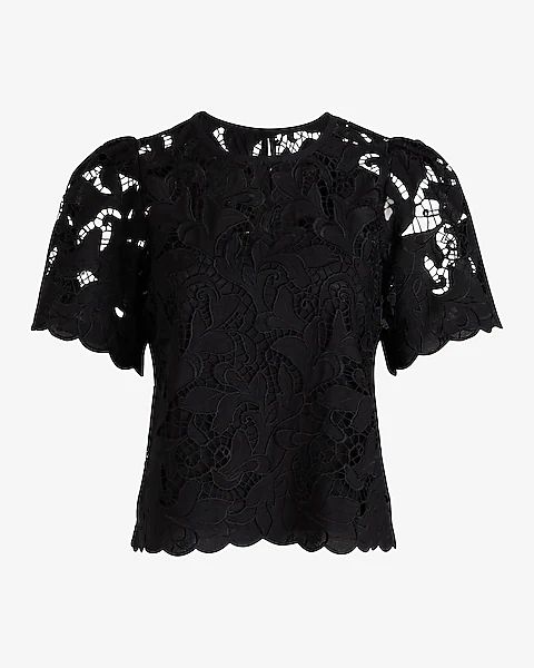 Embroidered Crochet Puff Sleeve Top | Express