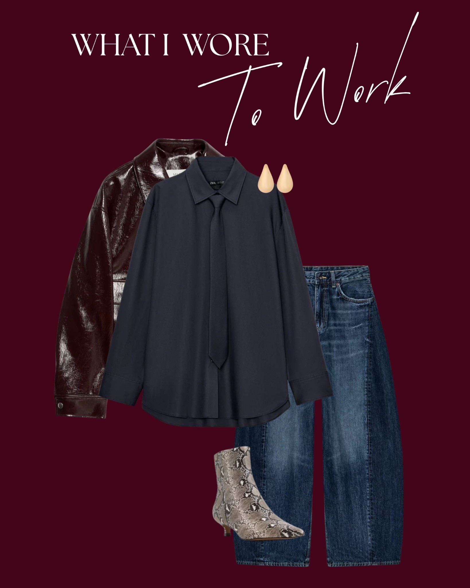 Maroon patent jacket from M&S paired with my navy button up with matching neck tie. For pants, I have a pair of barrel jeans and then my new snake print booties from Aldo (purchased from DSW). 