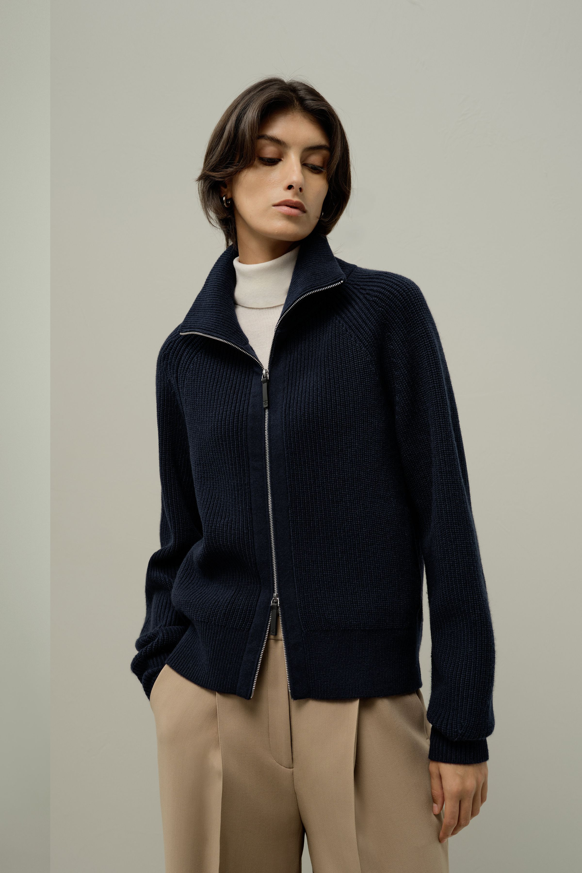 Ribbed-knit Turtleneck Zip Cardigan | LILYSILK