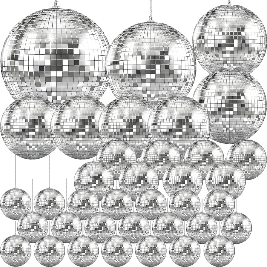 The Dreidel Company Mirror Disco Ball 36-Pack Variety of Sizes, Silver Hanging Ball with Attached... | Amazon (US)