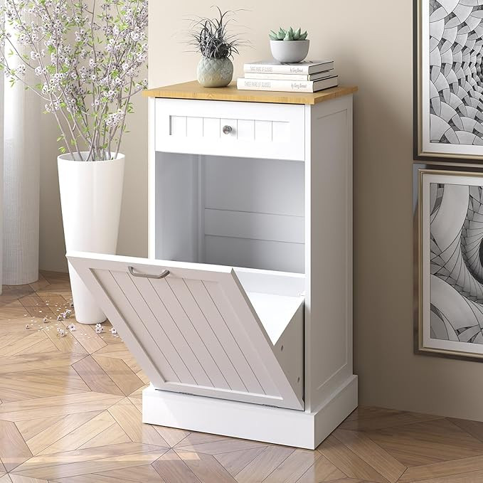 Rovibek Single Tilt Out Trash Cabinet with Storage, White Hidden Trash Can Cabinet with Drawer, M... | Amazon (US)