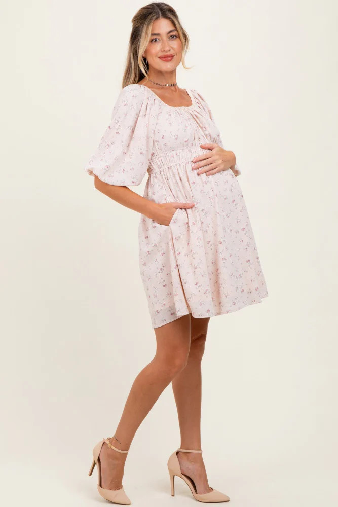 Cream Floral Square Neck Bubble Sleeve Maternity Dress | PinkBlush Maternity