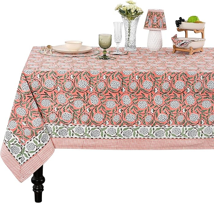 Dark Salmon Pink Hand Block Print Cotton Rectangle Tablecloth 108" x 60" inches Reusable Table Co... | Amazon (US)