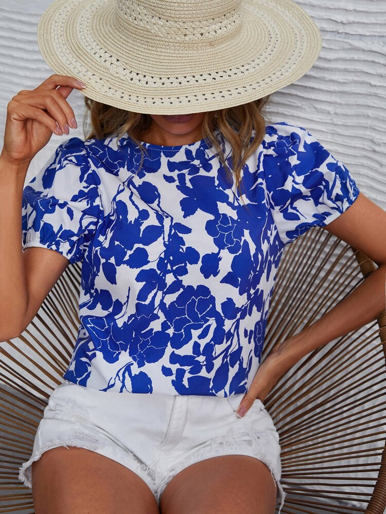 SHEIN VCAY Floral Print Puff Sleeve Blouse | SHEIN