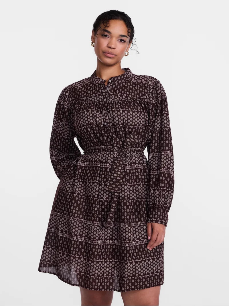 Scenario Women's Band Collar Shirtdress with Long Sleeves, Sizes XS-XXXL | Walmart (US)