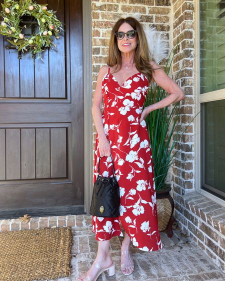 Red floral dress for spring and summer! It has beautiful button details on the bodice! The style is both feminine and sexy at the same time. The fabric is a soft polyester and the dress is fully lined with a slit at the side. I’m wearing a size Small. Nice for date nights, lunch, weddings, and more! Cute with a jean jacket topper too.
#transitionalstyle #resortwear #springfashion #shoeinspo

#LTKstyletip #LTKshoecrush #LTKSeasonal