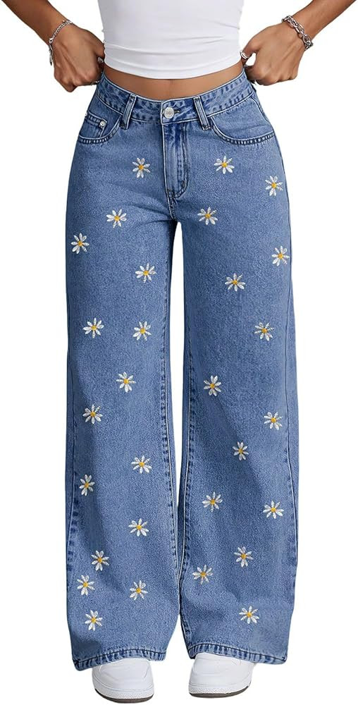 ebossy Womens Daisy Floral Embroidered Denim Pants Wide Leg High Waist Long Palazzo Trousers with... | Amazon (US)