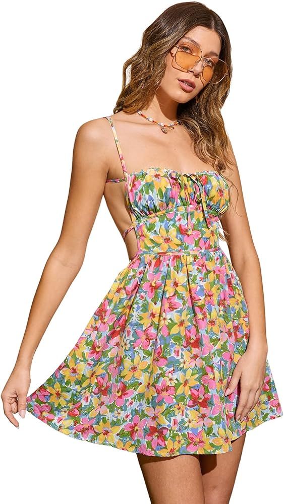 SweatyRocks Women's Floral Print Sleeveless Cami Dress Tie Backless A Line Mini Dresses | Amazon (US)